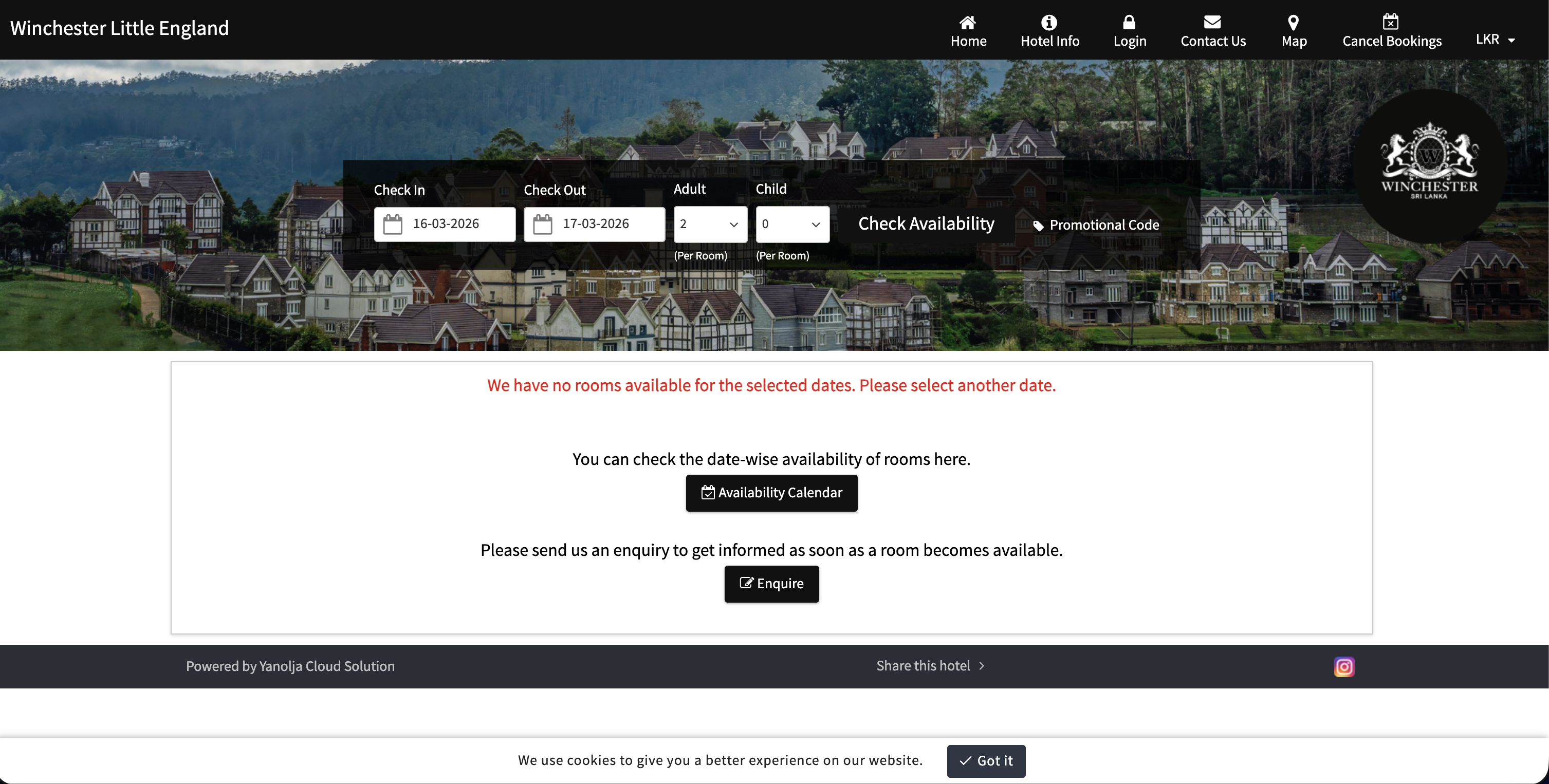Yanolja Cloud Solution booking portal for Winchester Little England — showing availability calendar, check-in/out date picker, and room management interface